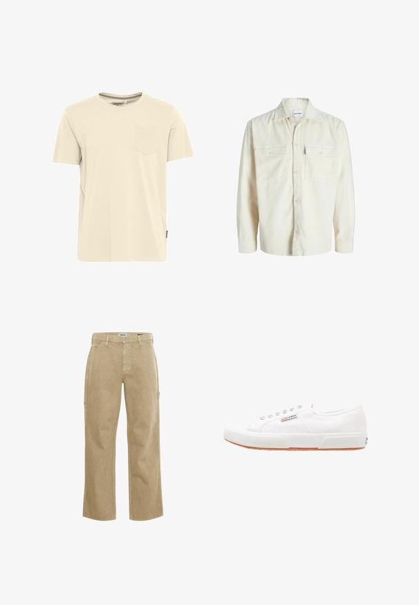 Camisa de terciopelo en color blanco roto, de manga larga, con botones en la parte frontal y dos bolsillos en el pecho con solapa y botones.; Camiseta de algodón de color beige claro y de manga corta, con un cuello redondo y un pequeño bolsillo en el pecho izquierdo. Detalle texturizado en el cuello.; Pantalones cargo beige con un diseño de pernera ancha, confeccionados en tejido duradero. Incluyen bolsillos laterales y un cierre de botón estándar.; Zapatillas de lona blancas con suela de goma, diseño de cordones y una pequeña etiqueta con el logo en el lateral. Parte superior texturizada blanca y suela marrón.