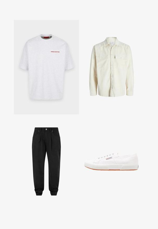 Chemise en velours côtelé écru à manches longues avec fermeture à boutons et deux poches à rabat sur la poitrine avec boutons.; T-shirt blanc uni à col rond avec manches courtes et petit texte rouge « PROHIBITED » sur la partie supérieure gauche de la poitrine.; Pantalon noir à coupe décontractée, avec une fermeture à bouton, deux poches avant et des poignets élastiqués pour plus de confort. Texture de tissu lisse.; Baskets en toile blanches avec une semelle en caoutchouc, design à lacets et une petite étiquette logo sur le côté. Tige blanche texturée et semelle extérieure marron.