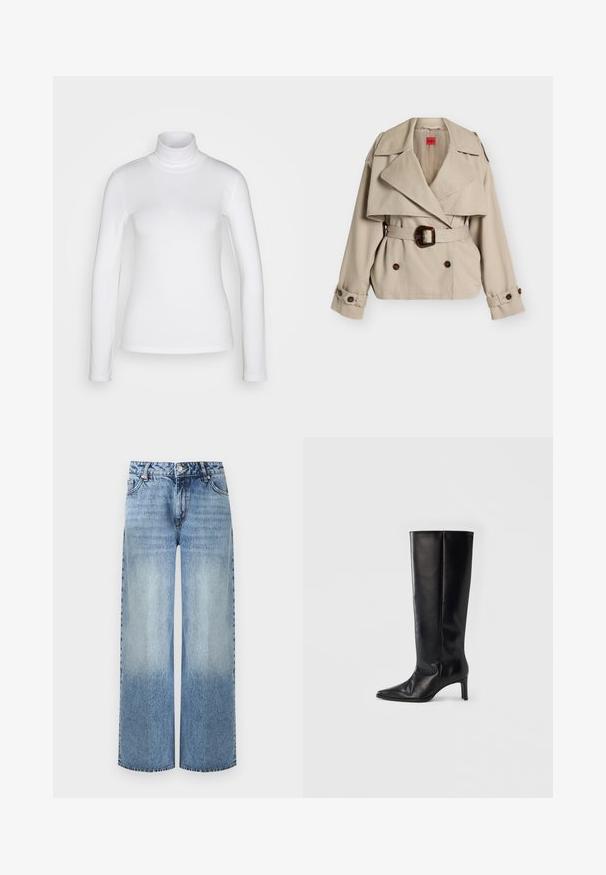 Trench-coat court beige avec large revers, boutons croisés, ceinture à la taille avec boucle écaille de tortue et pattes de manches boutonnées.; Chemise à col roulé blanc à manches longues en tissu lisse et extensible. Offre une coupe ajustée et un col haut. Pas de motifs ni d'accents visibles.; Jean large taille haute bleu clair avec une conception classique à cinq poches et une fermeture à boutons, effet délavé sur les jambes.; Bottes noires montantes en cuir lisse, avec un bout pointu et un talon fin, une tige ajustée et un design minimaliste.