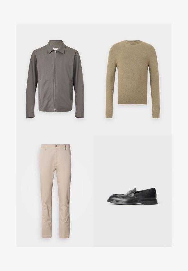 Veste grise à manches longues zippée avec col et deux poches latérales, présentée sur un fond clair uni.; Pull à col ras du cou beige à manches longues en maille avec poignets, ourlet et encolure côtelés sur fond blanc uni.; Chinos en coton beige avec une coupe droite, passants de ceinture, un unique bouton frontal et une surface lisse, sans texture. Aucune poche n'est visible.; Mocassins en cuir noir avec une finition texturée, dotés d'une bride décorative à l'avant et d'un bout arrondi. Semelle en caoutchouc pour plus de durabilité.