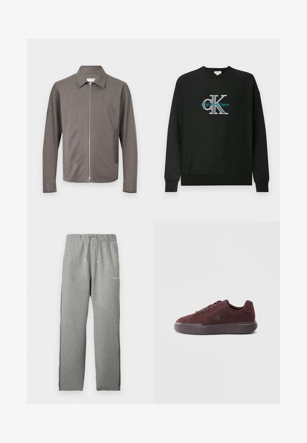 Grijze lange-mouwen jas met rits, kraag en twee zijzakken, weergegeven op een effen lichte achtergrond.; Zwarte sweatshirts gemaakt van katoen, met een ronde hals, lange mouwen en een grafisch logo "CK" in wit en teal op de borst.; Lichtgrijze joggingbroek met elastische tailleband, trekkoord, zwarte strepen aan de zijkant en een klein wit Calvin Klein-logo aan de voorkant.; Bordeaux suède sneaker met een rubberen zool, voorzien van ronde veters en een subtiele, geïmplanteerde logo op de zijkant voor branding.