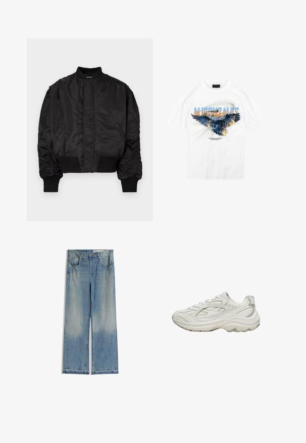 Veste bomber noire avec col montant, manches bouffantes, poignets et taille côtelés, et finition satinée lisse. Dispose de poches latérales.; T-shirt en coton blanc avec un grand graphisme d'aigle aux ailes déployées, accompagné de texte stylisé et d'accents colorés.; Jean large en denim bleu clair avec un délavage, comportant deux poches avant, une fermeture par bouton et une coupe droite avec des ourlets nets.; Baskets blanches avec une tige texturée et une semelle épaisse. Elles présentent des lignes courbes, des accents gris subtils et un design à lacets.