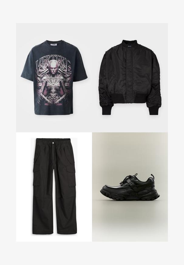 Chaqueta bomber negra con cuello alto, mangas abullonadas, puños y cintura acanalados, y un acabado suave de satén. Cuenta con bolsillos laterales.; Camiseta gráfica negra de algodón, con un gran diseño en rosa y blanco de una figura humanoide con detalles intrincados y el texto "VERTERE."; Pantalones cargo negros con cinturilla elástica, cierre de botón y cremallera, y múltiples bolsillos con solapa y botones en la parte delantera y los laterales.; Zapatilla deportiva negra, voluminosa, con correa ajustable, cierre de cordones y suela resistente, mostrada de perfil sobre fondo neutro.