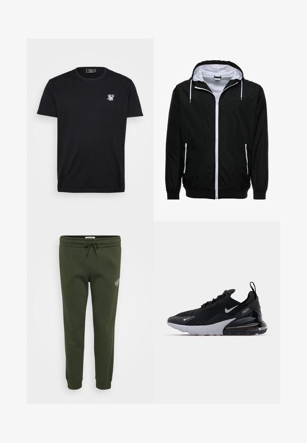 Schwarze leichte Jacke mit einem weißen Innenfutter. Sie verfügt über einen durchgehenden Reißverschluss, zwei Seitentaschen, eine verstellbare Kapuze mit Kordelzug und elastische Bündchen.; Schwarzes Baumwoll-T-Shirt mit kurzen Ärmeln, Rundhalsausschnitt und kleinem weißen gestickten Logo auf der linken Brust. Einfaches und klassisches Design.; Olivgrüne Sweatpants aus einem weichen Baumwollmix, mit einem elastischen Taillenbund und Kordelzug sowie gerippten Bündchen an den Knöcheln.; Schwarzer Sportschuh mit Mesh-Obermaterial, weißer Zwischensohle und sichtbarem Luftpolster im Fersenbereich. elegantes Design mit dezenten silbernen Akzenten.
