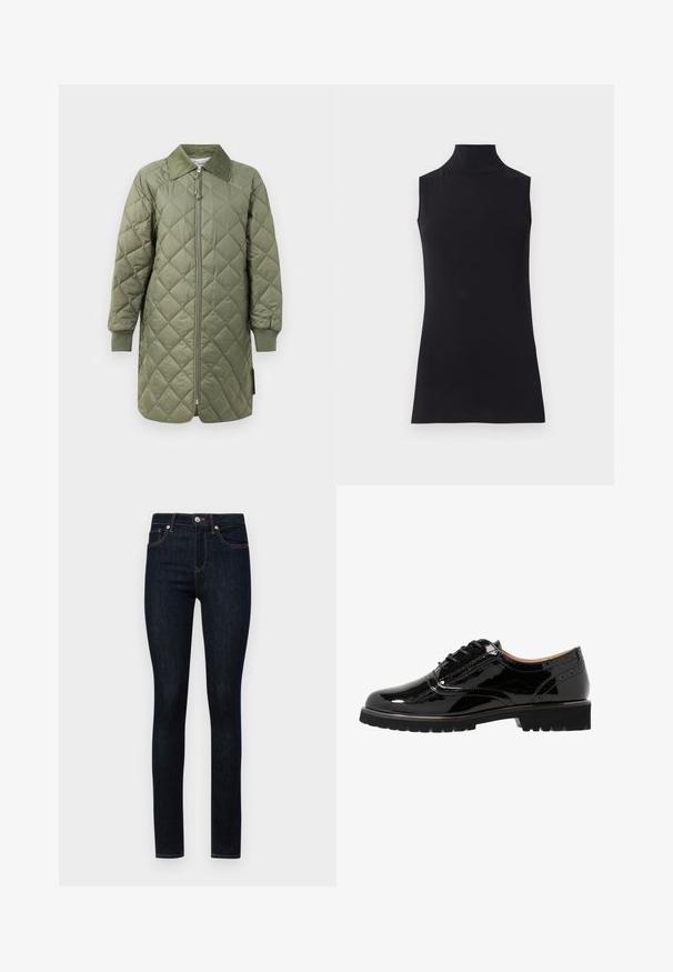 Manteau long matelassé en vert olive, avec une fermeture éclair à l'avant, un col rabattu, des poignets côtelés et un motif en losanges sur tout le tissu.; Haut sans manches noir en col roulé, fabriqué à partir d'un tissu lisse. Design ajusté avec un col haut et un ourlet droit, minimaliste et de couleur unie.; Jean skinny en denim bleu foncé avec design à cinq poches, fermeture bouton et détails de couture orange contrastants. Texture lisse et coupe ajustée.; Chaussures à lacets en cuir verni noir avec un bout rond, des détails en brogue, une semelle en caoutchouc et une finition texturée. Accentué par de petits œillets.