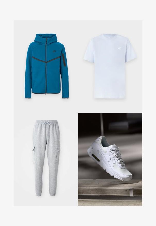 Blaue Kapuzenjacke aus weichem Stoff mit einem Frontreißverschluss, kontrastierenden schwarzen Akzenten und einer Reißverschlusstasche am Ärmel.; Hellblaue Baumwoll-T-Shirt mit kurzen Ärmeln, Rundhalsausschnitt und einem weißen Nike-Logo, das auf der linken Brust gedruckt ist. Glatte Textur, schlichtes Design.; Graue Sweatpants aus weichem Material, mit elastischem Bund und Kordelzug, zwei seitlichen Cargo-Taschen und schmal zulaufenden Bündchen.; Weiße Nike Air Max 90 Sneaker mit einem Obermaterial aus Mesh und Leder, durchlässigem Zehenbereich und einer sichtbaren Air-Einheit in der Ferse.