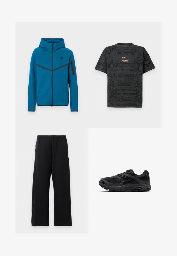 Chaqueta azul con capucha fabricada en tela suave, que cuenta con una cremallera frontal, detalles en negro contrastante y un bolsillo con cremallera en la manga.; Camiseta negra con un patrón texturizado, que presenta un pequeño logotipo de Nike en azul claro y un parche rectangular con el logotipo en colores contrastantes.; Pantalones de chándal negros hechos de una tela suave, con cintura elástica ajustable, diseño de pierna ancha y bolsillos laterales con una textura lisa.; Zapatilla de correr Nike en negro y gris oscuro con tejido de malla, superposiciones de ante, suela acolchada y unidades de aire visibles en el talón y la parte delantera del pie.