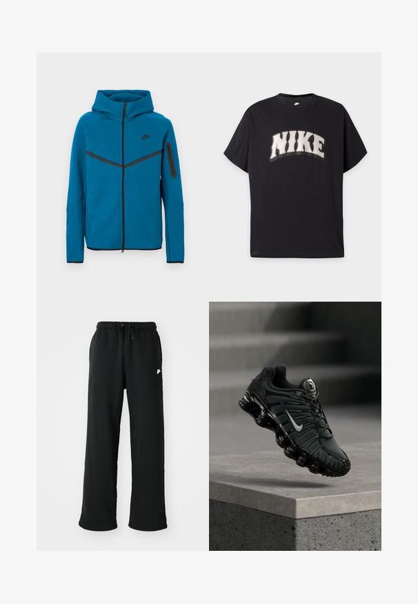 Veste à capuche bleue en tissu doux, avec une fermeture éclair frontale, des accents noirs contrastants et une poche zippée sur la manche.; T-shirt noir à manches courtes avec un grand texte blanc "NIKE" en caractères gras et ondulés sur la poitrine, ainsi qu'un petit logo Nike blanc à l'intérieur du col.; Pantalons de survêtement noirs en tissu doux, dotés d'une taille élastique avec cordon de serrage réglable et d'un petit logo décoratif sur le côté.; Chaussure de course Nike noire et gris foncé avec logo swoosh blanc suspendue au-dessus d'un rebord en béton, avec des escaliers en arrière-plan.