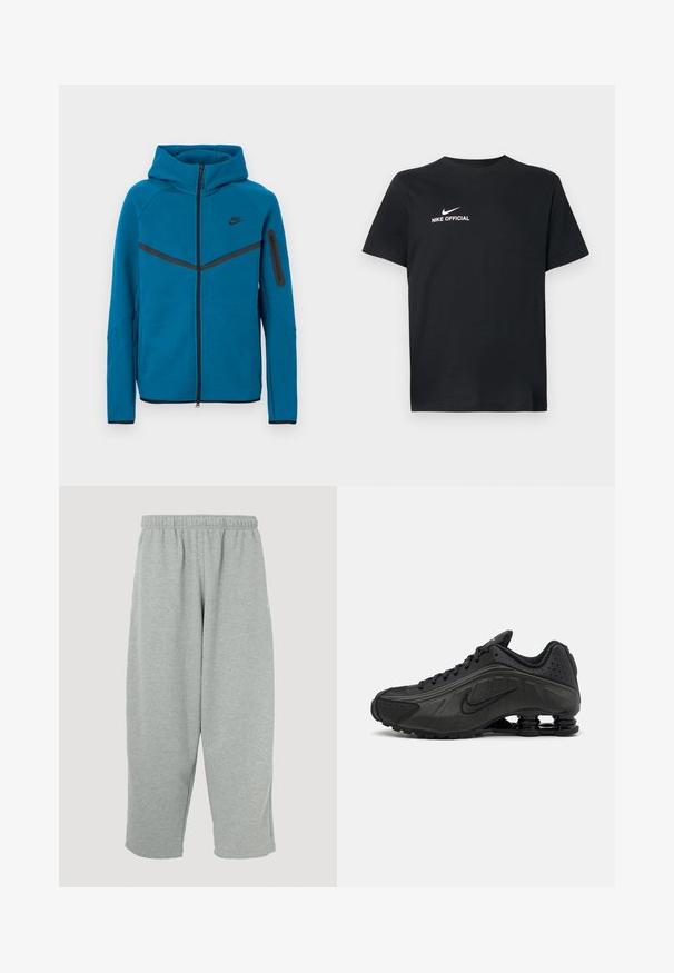Blauwe gewatteerde jas van zachte stof, met een ritssluiting aan de voorkant, contrasterende zwarte accenten, en een ritssluitingzak op de mouw.; Zwart katoenen T-shirt met een ronde halslijn. Heeft een wit Nike-logo en de tekst "NIKE OFFICIAL" op de voorkant. Korte mouwen.; Lichtgrijze joggingbroek met een elastische tailleband, taps toelopend ontwerp en zachte textuur. Geen zichtbare merklogo's of patronen.; Zwarte hardloopschoenen met een glad bovenwerk van synthetisch materiaal, geperforeerde accenten, gestructureerde zijpanelen en een opvallende veerkrachtige zool.