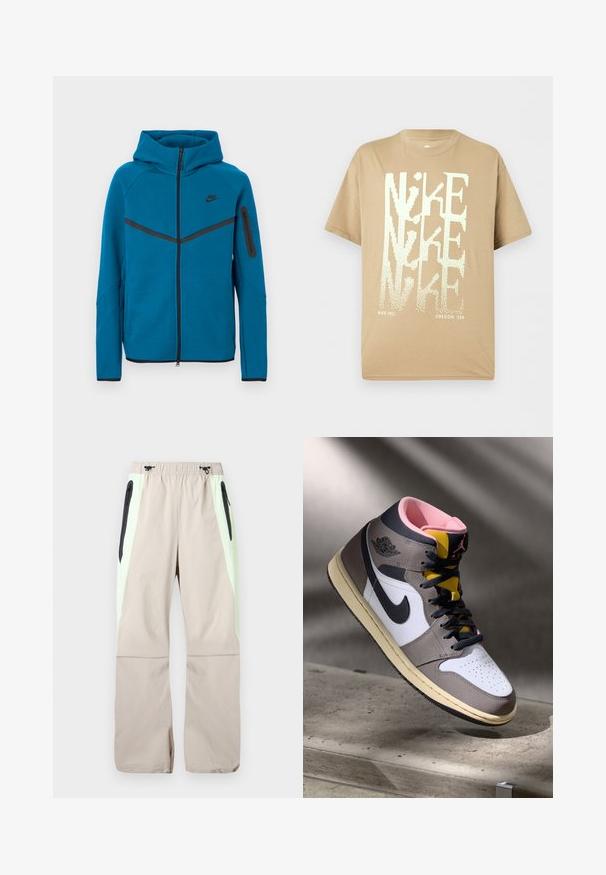 Modrá bunda s kapucňou z jemnej tkaniny, s predným zipsom, kontrastnými čiernymi prvkami a vreckom na rukáve so zipsom.; Béžové tričko Nike s krátkym rukávom s prekryvajúcim sa veľkým bielym nápisom "NIKE" a malými nápismi "NIKE INC." a "OREGON, USA" v spodnej časti.; Béžové nohavice so svetlozelenými bočnými panelmi, čiernymi zipsovými vreckami na stehnách a elastickým pásom s čiernymi šnúrkami.; Biele, šedé a čierne vysoké tenisky Nike Air Jordan s ružovým interiérom a žltým jazykom, umiestnené na betónovom povrchu.