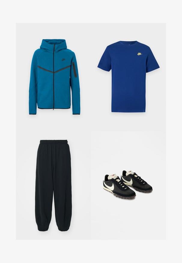 Blauwe gewatteerde jas van zachte stof, met een ritssluiting aan de voorkant, contrasterende zwarte accenten, en een ritssluitingzak op de mouw.; Navy blauwe T-shirt met korte mouwen, een klein geel Nike-logo op de linkerborst en een ronde halslijn.; Zwarte, elastiche sweatpants met een losse pasvorm, manchetten aan de enkels, een zachte textuur en zonder zichtbare patronen of hardwareaccenten.; Zwarte sportieve schoenen met een gestructureerde bovenkant, witte swoosh-logo en rubberen zool met kleine noppen voor grip. Crèmekleurige kraag.