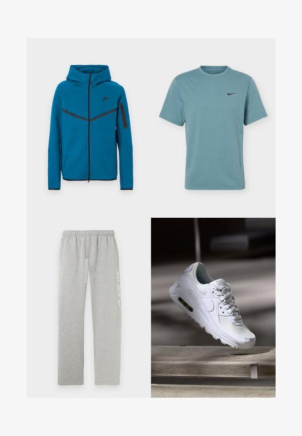Blauwe gewatteerde jas van zachte stof, met een ritssluiting aan de voorkant, contrasterende zwarte accenten, en een ritssluitingzak op de mouw.; Lichtblauw Nike T-shirt met korte mouwen, ronde hals en klein zwart Nike swoosh-logo op de linkerborst.; Grijze sweatpants van zacht materiaal met een elastische tailleband. Voorzien van witte tekst "JUST DO IT" en het Nike swoosh-logo op één been.; Witte Nike Air Max 90 sneaker met een bovenwerk van mesh en leer, een geperforeerde teenbox en een zichtbare luchtunit in de hiel.