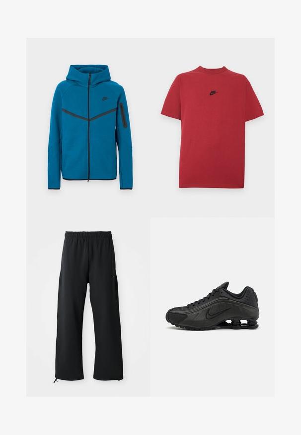 Blaue Kapuzenjacke aus weichem Stoff mit einem Frontreißverschluss, kontrastierenden schwarzen Akzenten und einer Reißverschlusstasche am Ärmel.; Rotes Baumwoll-T-Shirt mit schwarzem Nike-Logo auf der Brust, kurzen Ärmeln, rundem Ausschnitt und normaler Passform. Glatte Textur.; Schwarze weit geschnittene Hose aus weichem Stoff, mit elastischem Bund und Kordelzug, seitlichen Taschen und glatter Textur.; Schwarze Laufschuhe mit einem glatten synthetischen Obermaterial, durchbrochenen Akzenten, strukturierten Seitenpaneelen und einer ausgeprägten federnden Sohle.