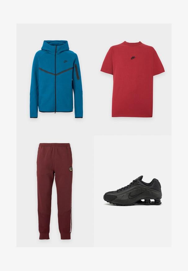 Blaue Kapuzenjacke aus weichem Stoff mit einem Frontreißverschluss, kontrastierenden schwarzen Akzenten und einer Reißverschlusstasche am Ärmel.; Rotes Baumwoll-T-Shirt mit schwarzem Nike-Logo auf der Brust, kurzen Ärmeln, rundem Ausschnitt und normaler Passform. Glatte Textur.; Bordauxfarbene Sweatpants mit einem hexagonalen Nike-Logo, elastischem Bund, zwei Seitentaschen und weißen Seitenstreifen. Strukturierter Stoff mit schmal zulaufendem Beindesign.; Schwarze Laufschuhe mit einem glatten synthetischen Obermaterial, durchbrochenen Akzenten, strukturierten Seitenpaneelen und einer ausgeprägten federnden Sohle.