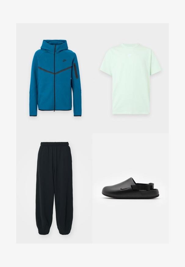 Blå hættejakke lavet af blødt stof, med lynlås foran, kontrastfarvede sorte detaljer og en lynlåslomme på ærmet.; Lys grøn Nike T-shirt med korte ærmer, rund hals og lille hvidt logo centreret på brystet mod en ensfarvet baggrund.; Sorte svedbukser med elastisk talje, løs pasform, afsluttede ankler, glat tekstur og uden synlige mønstre eller hardware-detaljer.; Sorte formede klipklapper med en glat overflade, rygstrop for stabilitet og en ribbet sål for greb. Fungerer med et lille logo på siden.