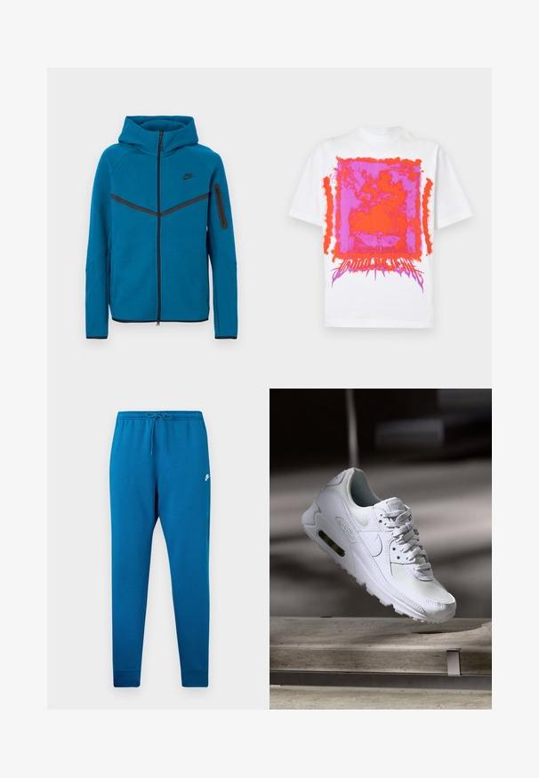 Blaue Kapuzenjacke aus weichem Stoff mit einem Frontreißverschluss, kontrastierenden schwarzen Akzenten und einer Reißverschlusstasche am Ärmel.; Weißes T-Shirt mit kurzen Ärmeln, mit einer leuchtend pink-orangefarbenen abstrakten rechteckigen Grafik und stilisiertem Text unten mittig auf der Vorderseite.; Blaue Sweathosen mit elastischem Bund und verstellbarem Kordelzug. Mit einem weißen Logo auf dem Oberschenkel und tapered Bündchen an den Knöcheln.; Weiße Nike Air Max 90 Sneaker mit einem Obermaterial aus Mesh und Leder, durchlässigem Zehenbereich und einer sichtbaren Air-Einheit in der Ferse.