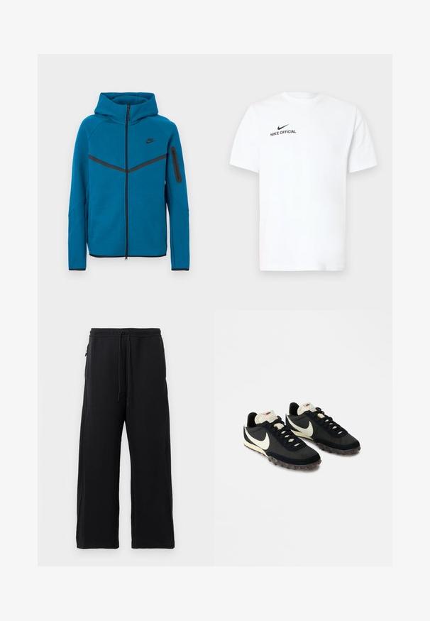 Blauwe gewatteerde jas van zachte stof, met een ritssluiting aan de voorkant, contrasterende zwarte accenten, en een ritssluitingzak op de mouw.; Wit katoenen T-shirt met korte mouwen. Voorzien van een zwart "Nike Official" logo en een zwarte swoosh aan de linkerkant van de borst.; Zwarte joggingbroek van zacht materiaal, met een verstelbare tailleband, een wijdere broekspijpenontwerp en zijzakken met een gladde textuur.; Zwarte sportieve schoenen met een gestructureerde bovenkant, witte swoosh-logo en rubberen zool met kleine noppen voor grip. Crèmekleurige kraag.