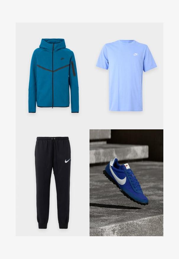 Blaue Kapuzenjacke aus weichem Stoff mit einem Frontreißverschluss, kontrastierenden schwarzen Akzenten und einer Reißverschlusstasche am Ärmel.; Hellblaues Baumwoll-T-Shirt mit kurzen Ärmeln, rundem Ausschnitt und kleinem weißem Nike-Logo auf der linken Brust. Glatte Textur, lässiges Design.; Schwarze Nike-Jogginghose mit elastischem Bund und Kordelzug. Sie hat schmal zulaufende Beine und ein weißes gesticktes Logo am linken Oberschenkel.; Blauer Nike-Sneaker mit weißem Swoosh-Logo, schwarzer Sohle und Schnürsenkeln, der über grauen Betontreppen im Außenbereich schwebt.