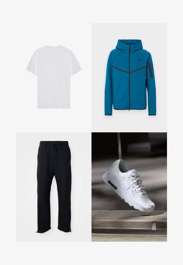 Casaco azul com capuz feito de tecido macio, com fecho de correr frontal, detalhes contrastantes a preto e um bolso com fecho de correr na manga.; Camiseta branca de algodão com mangas curtas, um decote redondo e uma textura suave. Apresenta uma marcação mínima na gola.; Calças atléticas pretas com cintura elástica e cordão, apresentam bolsos laterais, pernas ajustadas e fechos de correr nos tornozelos. Textura suave.; Sapatilha Nike Air Max 90 branca com parte superior em malha e couro, caixa de dedos perfurada e uma unidade de ar visível no calcanhar.