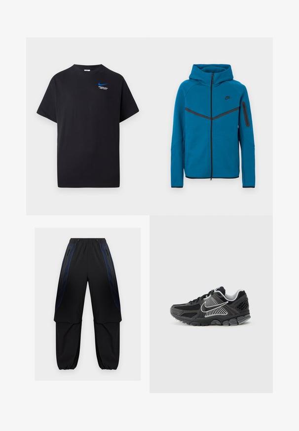 Chaqueta azul con capucha fabricada en tela suave, que cuenta con una cremallera frontal, detalles en negro contrastante y un bolsillo con cremallera en la manga.; Camiseta negra de manga corta con pequeño swoosh azul de Nike y texto blanco "DEPARTAMENTO ATLETICO SOLO HAZLO." en la parte superior izquierda del pecho.; Pantalones cargo en negro y azul oscuro con cintura y puños elásticos, con bolsillos laterales con cremallera y paneles de tela superpuestos en los muslos.; Zapatilla deportiva negra con paneles de malla y detalles sintéticos. Presenta una punta redondeada, suela gruesa acolchada y detalles de logo en blanco que contrastan.