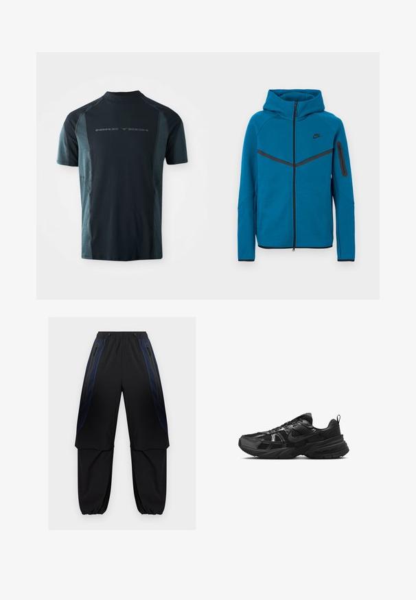 Chaqueta azul con capucha fabricada en tela suave, que cuenta con una cremallera frontal, detalles en negro contrastante y un bolsillo con cremallera en la manga.; Camiseta Nike Tech de manga corta, con un cuerpo en azul marino oscuro y paneles laterales en teal claro, y un cuello alto. Logo impreso en la parte delantera.; Pantalones cargo en negro y azul oscuro con cintura y puños elásticos, con bolsillos laterales con cremallera y paneles de tela superpuestos en los muslos.; Zapatilla deportiva negra con parte superior de malla, suela de goma y acentos texturizados. Presenta un diseño de cordones y un logotipo distintivo en el lateral.
