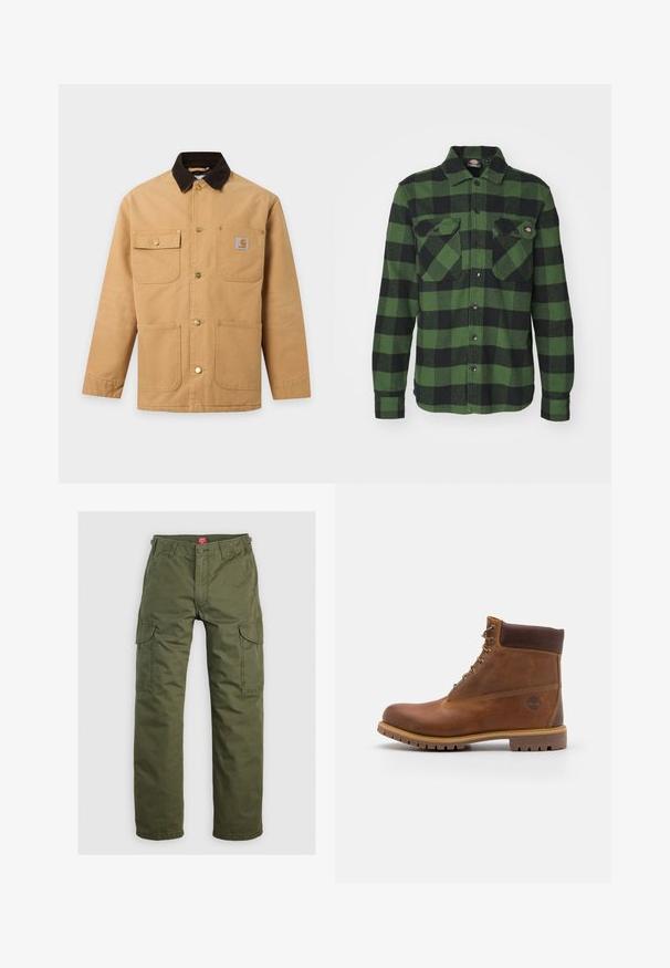 Chaqueta de trabajo beige con cuello marrón oscuro, cuatro bolsillos delanteros incluyendo un bolsillo en el pecho con botón y botones automáticos de metal en la parte delantera.; Camisa de franela a cuadros verde y negra con dos bolsillos en el pecho, cierre de botones, mangas largas y cuello puntiagudo. Textura suave.; Pantalones cargo verde oliva hechos de una tela duradera, con bolsillos laterales, cierre de botón y un diseño de pierna recta.; Botas de senderismo de cuero marrón con un acabado suave, tobillo acolchado, ojales de metal y suela de goma con un patrón de tracción robusto.