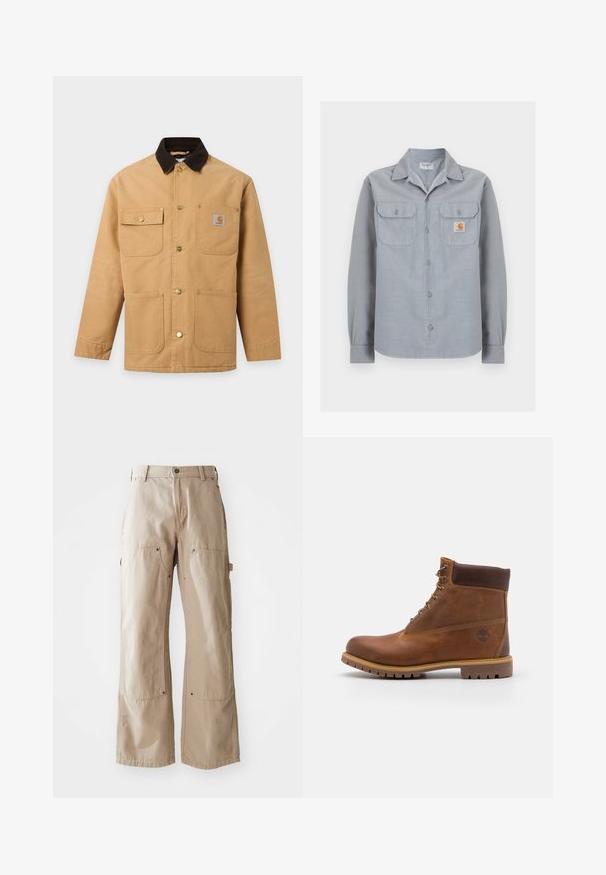 Veste de travail beige avec col marron foncé, quatre poches avant dont une poche poitrine boutonnée, et des boutons-pression métalliques sur le devant.; Chemise à manches longues gris clair avec deux poches poitrine, dont une avec un petit patch logo Carhartt sur le côté droit.; Pantalons larges beige en coton robuste. Comprend des poches avant et latérales, des coutures visibles et des accents en métal sur les poches.; Botte de randonnée en cuir marron avec une finition lisse, cheville rembourrée, œillets en métal et semelle en caoutchouc dotée d'un motif de crampons robuste.