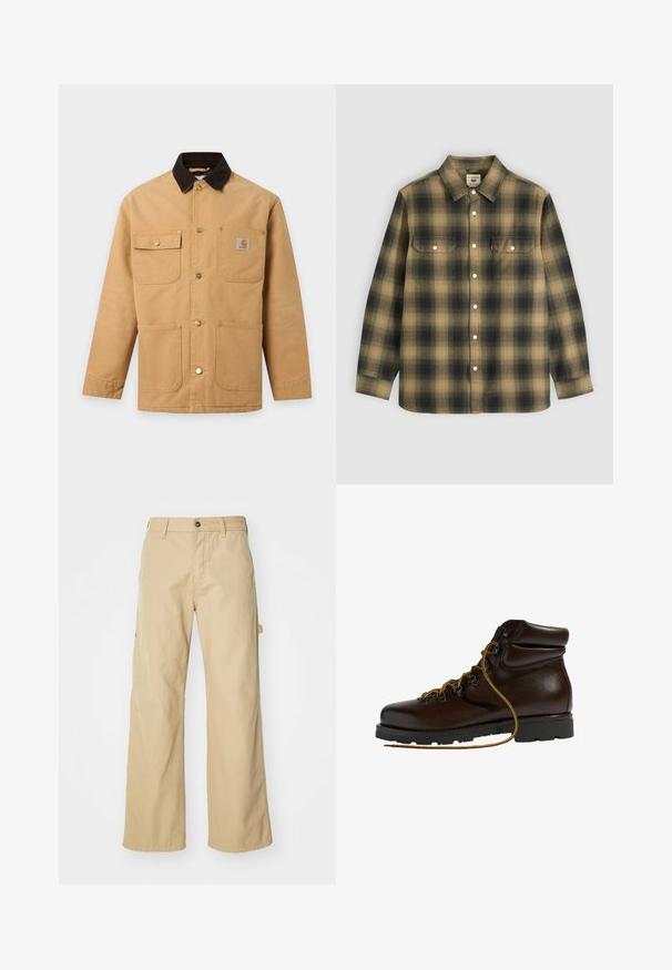 Veste de travail beige avec col marron foncé, quatre poches avant dont une poche poitrine boutonnée, et des boutons-pression métalliques sur le devant.; Chemise à manches longues boutonnée avec motif à carreaux vert, noir et beige et deux poches poitrine avant boutonnées.; Pantalons cargo larges beiges avec fermeture à bouton, dotés de poches latérales, fabriqués en coton robuste, avec une texture lisse et un design droit.; Botte de randonnée en cuir brun foncé avec lacets jaunes et noirs, col rembourré à la cheville et semelle épaisse en caoutchouc noir.