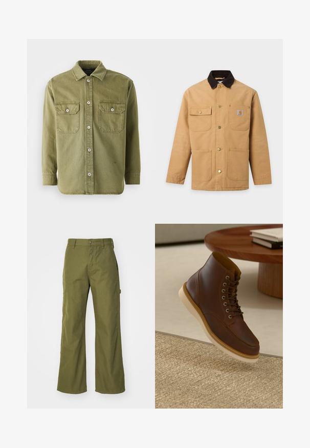 Beige arbejdsjakke med mørkebrun krave, fire forlommer inklusive en brystlomme med knap og metaltrykknapper ned foran.; Oliven grøn skjorte med knapper lavet af blødt stof, der har to brystlommer med klapper, synlige knapper og en krave.; Oliven grønne bukser med bred ben, lavet af slidstærkt stof, med knaplukning, sidelommer og lige kantdesign.; Brune læderankelstøvle med beige sål på et struktureret beige tæppe ved siden af et rundt træbord med stakke af bøger.