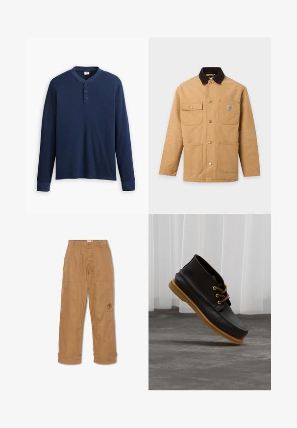Beige arbejdsjakke med mørkebrun krave, fire forlommer inklusive en brystlomme med knap og metaltrykknapper ned foran.; Langærmet marineblå henley-skjorte lavet af ribbet stof. Har en rund halsudskæring og tre knaplukning. Ærmerne er tætsiddende.; Khaki arbejdsbukser, lavet af slidstærkt stof, har flere lommer, knaplukning og broderet logo på låret.; Sorte lædersko med en glat overflade, rund tå, brune snørebånd og lysebrune gummisåler. Logo præget på siden.