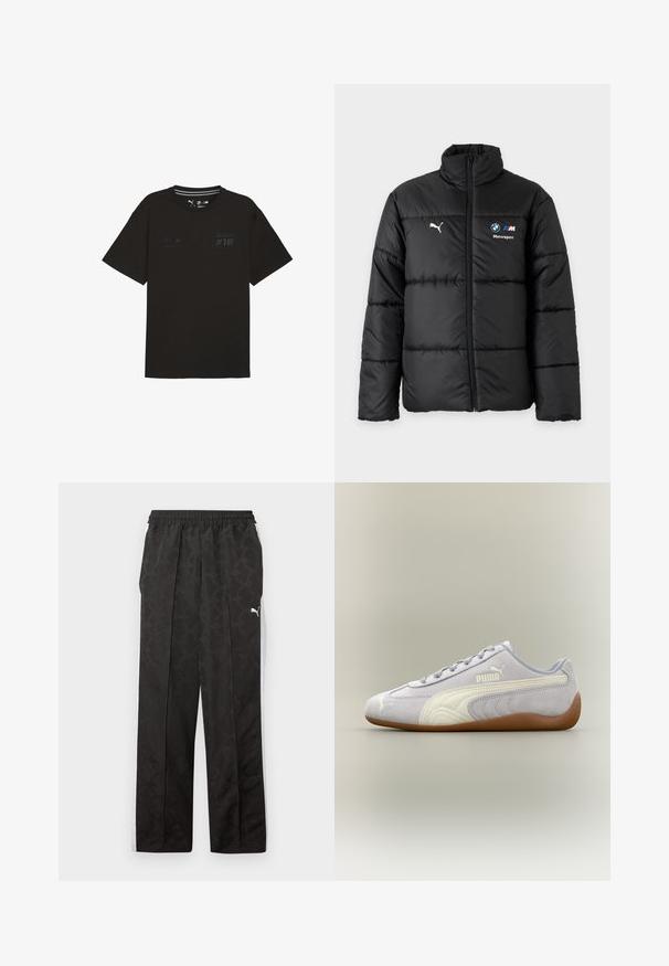 Zwarte donsjas met ritssluiting aan de voorkant, Puma-logo op de linkerborst en BMW Motorsport-logo op de rechterborst. Hoge kraag en lange mouwen.; Zwarte katoenen t-shirt met ronde hals, korte mouwen en grafische prints waaronder "#18" en logo's op de voorkant. Eenvoudig, egaal ontwerp.; Zwarte sportbroek met subtiel patroon, witte zijstrepen, elastische tailleband en een wit Puma-logo op de bovenkant van de dij.; Lichtgrijze Puma suède sneaker met witte streepdetail en rubberen zool, gezien vanaf de buitenkant tegen een neutrale achtergrond.