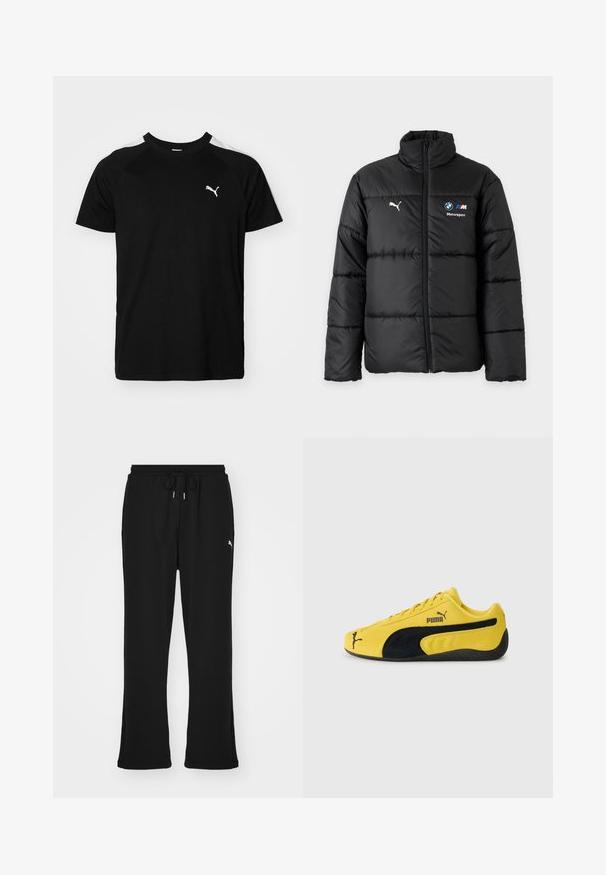 Zwarte donsjas met ritssluiting aan de voorkant, Puma-logo op de linkerborst en BMW Motorsport-logo op de rechterborst. Hoge kraag en lange mouwen.; Zwarte t-shirt met korte mouwen, voorzien van witte accenten op de schouders, een ronde halslijn en een klein wit logo op de linkerborst. Zacht materiaal, klassieke pasvorm.; Zwarte sweatpants met elastische tailleband en trekkoord, voorzien van zijzakken en een subtiele logo op het linkerpand. Zacht materiaal, uitlopende pasvorm.; Geel suède sneaker met zwarte suède accenten. Voorzien van een gestructureerde zool, vetersluiting en het Puma-logo aan de zijkant en op de tong.