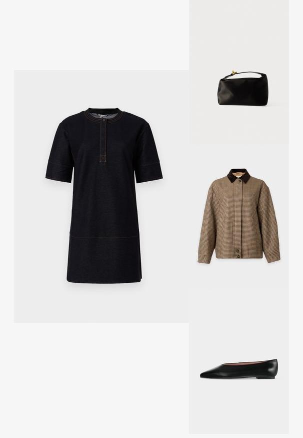 Brun og beige ternet jakke med en mørkebrun kordfløjls krave og knaplukning foran på en ensfarvet baggrund.; Sort kortærmet kjole lavet af denimstof, med rund halsudskæring, knaplukning og kontrasterende orange stikninger.; Sort damesko i læder med flad hæl og spids tå, vist fra siden på en ensfarvet lys grå baggrund.; Sort satinpung med en afrundet form, et håndtag i toppen og en guldaccentlås. Glat tekstur med et minimalistisk design.