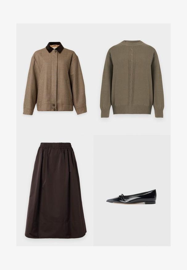 Veste à carreaux marron et beige avec un col en velours côtelé marron foncé et une fermeture à boutons à l'avant sur fond uni.; Pull en maille vert olive avec col rond, poignets et ourlet côtelés, présentant un motif torsadé central sur le devant.; Jupe midi marron avec taille élastique et large ourlet, fabriquée en tissu lisse avec des plis subtils sous la taille.; Chaussure plate en cuir verni noir avec un bout pointu, une petite lanière décorative et un petit talon carré. Texture lisse et design épuré.