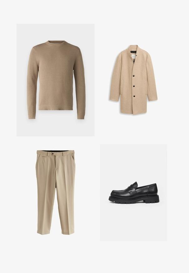Beige uldblandingsfrakke med ståkrave, enkelt knaplukning og to sidelommer. Har struktureret stof og sorte knapper.; Beige strikket sweater med rund hals, ribbede manchetter og kant, samt struktureret stof, der har en ensfarvet overflade uden mønstre eller accenter.; Beige bukser lavet af glat stof, med flad front, sidelommer og en enkelt baglomme. Standard talje med knaplukning.; Sort læderloafer med tyk rillede sål og penny-remdetalje, vist i højre sideprofil på hvid baggrund.