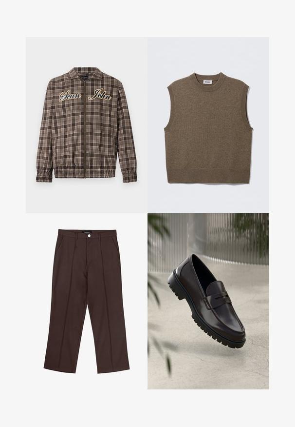Sean John VINTAGE CHECK - Overgangsjakke - brown/beige; Brun ærmeløs strikket sweater med rund halsudskæring, ribbede kanter og blød tekstur; mærket siger "WEEKDAY".; Brune lige ben bukser med frontfolder, lommer i siden, bæltestropper og en mærke knaplukning i taljen.; Brune læder loafers med en tekstureret, rippet gummisål. Har et slankt design og et dekorativt bånd over vristen.