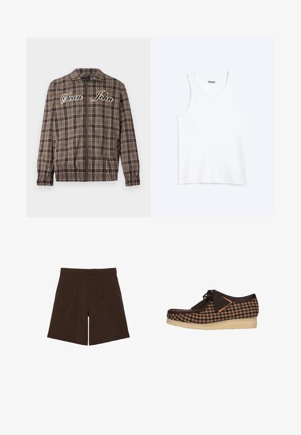 Sean John VINTAGE CHECK - Overgangsjakke - brown/beige; Hvid ærmeløs tanktop med rund halsudskæring og Weekday-mærke på den indvendige baghals, vist fladt på lys baggrund.; Mørkebrune knælange skræddersyede shorts med bæltestropper og forreste læg, vist fladt på hvid baggrund.; Brun tekstil sko med houndstooth-mønster, læderdetaljer og snørebåndsdesign. Tykk, tekstureret sål giver støtte og stabilitet.