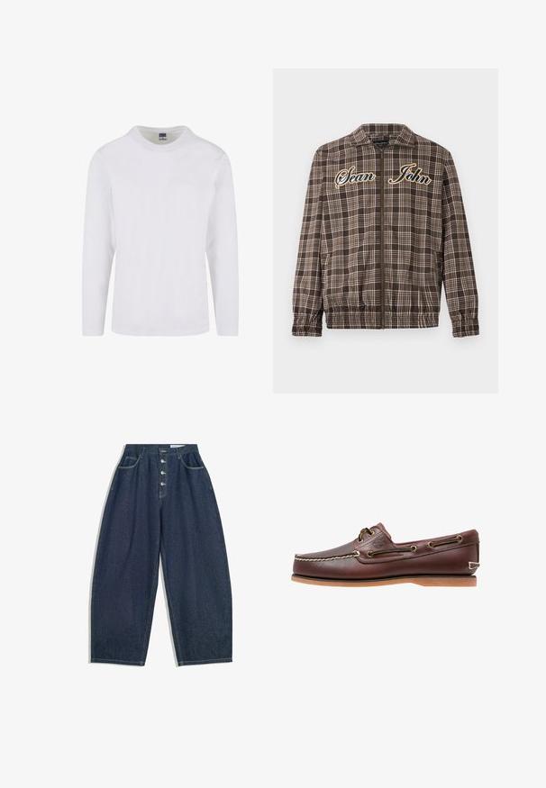 Sean John VINTAGE CHECK - Overgangsjakke - brown/beige; Langærmet t-shirt med rund hals i hvidt bomuldsstof. Glat tekstur med et enkelt design uden synlige mønstre eller accenter.; Mørkeblå denim bukser med brede ben og høj talje, fem knaplukninger og fem lommer. Har stikninger som accent på sømmene.; Brun læder bådsko med hvide sømme, snøre detaljer og lysbrun gummisål, vist fra siden på hvid baggrund.