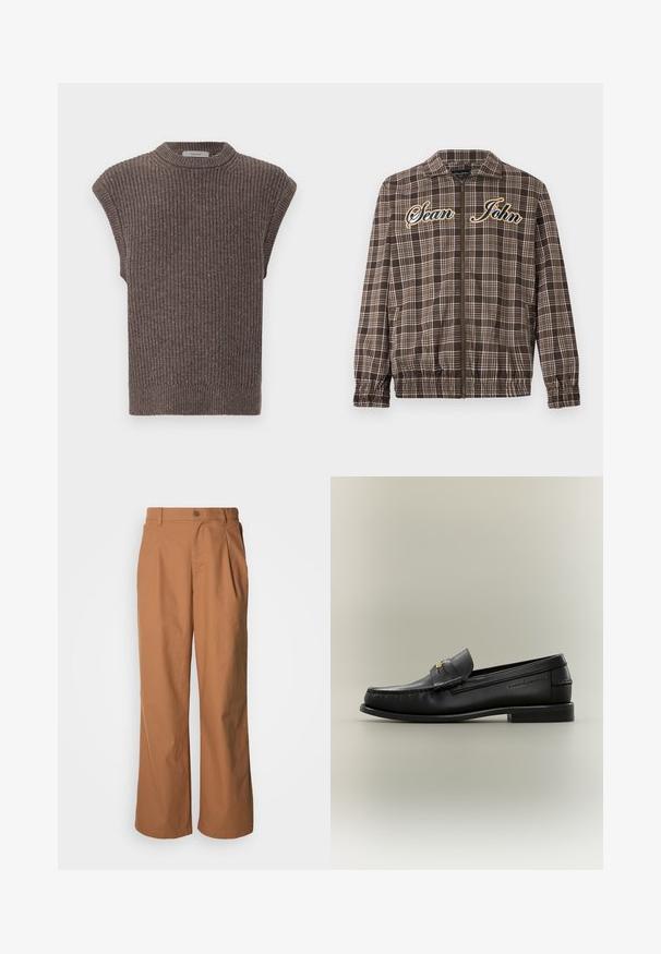 Sean John VINTAGE CHECK - Übergangsjacke - brown/beige; Braun gestricktes ärmelloses Top mit gerippter Textur, hohem Ausschnitt und seitlichen Schlitzen. Verfügt über einen engen Saum und weichen Stoff.; Weit geschnittene Hosen aus warmbraunem Stoff, mit einer vorderen Knopfverschluss, dezenten Falten und geradem Schnitt für eine entspannte Passform.; Schwarzer Leder-Slipper mit niedrigem Absatz, goldener Schnalle und geprägtem Markennamen an der Seite vor neutralem Hintergrund.