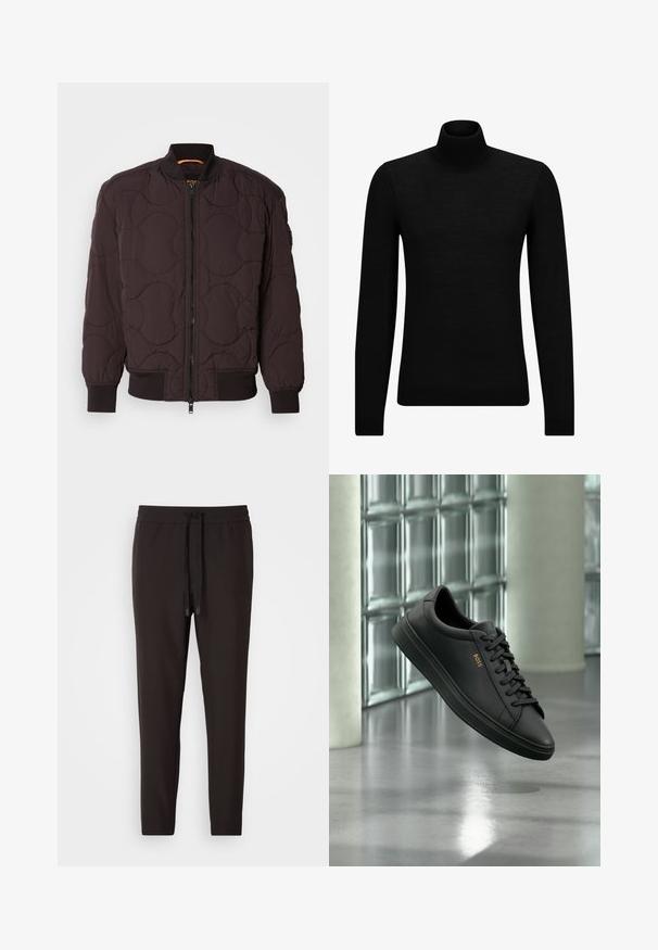 Mørkebrun quilted bomberjakke med frontlynlås, ribbede manchetter og krave samt subtile cirkulære stikmønstre.; Sort turtleneck sweater lavet af blødt materiale, med lange ærmer og en tætsiddende pasform. Ribbet trim ved kanten og manchetter. Simpelt design.; Sorte joggingbukser lavet af blødt stof, med en elastisk bæltelås og snor, tætsiddende ben og uden synlige mønstre eller udsmykninger.; Sort lavtopet lædersneaker med sorte snørebånd og gyldent BOSS-logo på siden, svævende over en blank grå gulv i et moderne indendørs rum.