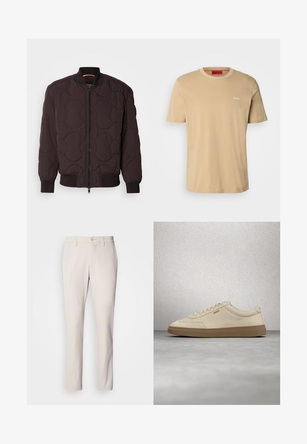 Mørkebrun quilted bomberjakke med frontlynlås, ribbede manchetter og krave samt subtile cirkulære stikmønstre.; Beige bomulds t-shirt med rund halsudskæring, korte ærmer og et lille hvidt "HUGO" logo på brystet. Glat tekstur uden mønstre.; Beige bukser med slim fit, der har en frontknaplukning, flad frontdesign og lige ben, lavet af glat bomuldsblandingsstof.; Lyse beige ruskindssneaker med gummisål i farven gum, tydelige snørebånd og fine syningsdetaljer. Ren design med et minimalistisk æstetisk udtryk.