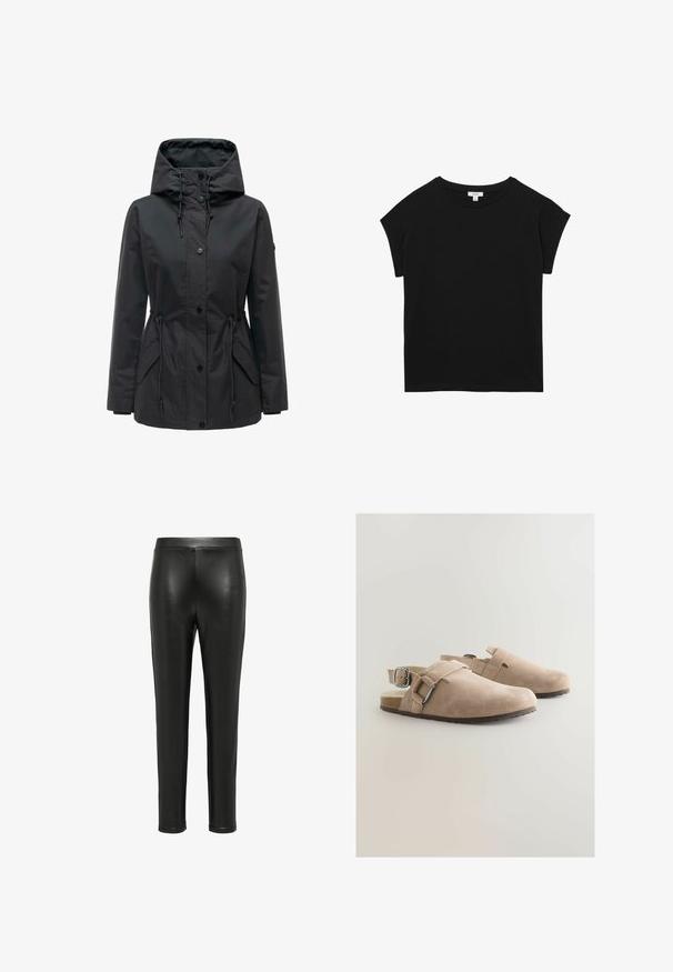 Schwarze Jacke mit Kapuze, vorn mit Knöpfen, verstellbaren Kordeln an Taille und Kapuze sowie Pattentaschen auf beiden Seiten.; Schwarzes T-Shirt mit kurzen Ärmeln und Rundhalsausschnitt, locker sitzend mit umgeschlagenen Ärmelsäumen, flach auf weißem Hintergrund liegend.; Schwarze Lederleggings mit einer taillierten Passform, glatter Textur und hoher Taille. Die Beine verjüngen sich bis zur Knöchellänge, ohne sichtbare Hardware.; Beige Wildlederschuhe mit verstellbarem Riegel, offenem Fersenbereich, strukturiertem Obermaterial und leichter Gummisohle.
