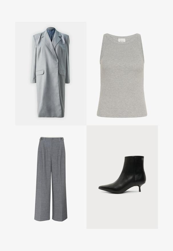 Vestido blazer gris a medida con mangas largas, solapas muescadas y dos bolsillos frontales. Tejido suave con una silueta estructurada.; Camiseta sin mangas gris con cuello redondo y diseño sin mangas. Fabricada con tela suave, presenta una silueta ajustada y costuras mínimas.; Pantalones de pierna ancha gris, confeccionados en un tejido texturizado, con un cierre de doble botón y pliegues frontales que añaden un detalle de diseño adicional.; Botín de piel negra con puntera puntiaguda y tacón bajo estilo kitten sobre fondo claro, mostrando vista lateral exterior.