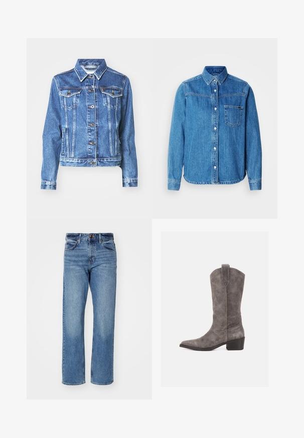 Denimjakke i mellemblå med lange ærmer, to brystlommer, knaplukning og subtilt falmet tekstur. Traditionelt kravedesign.; Blå denim skjorte med knapper, krave, brystlomme og hvide knapper. Har en let buet kant og lange ærmer.; Lys blå lige ben jeans lavet af denim. Har fem lommer, en klassisk knaplukning og subtil fading gennem stoffet.; Grå ruskind midt på læggen western støvle med spids tå, trække-flig og lav stablet hæl på hvid baggrund.