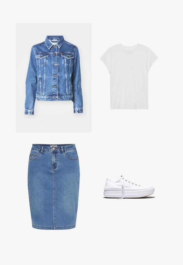 Denimjakke i mellemblå med lange ærmer, to brystlommer, knaplukning og subtilt falmet tekstur. Traditionelt kravedesign.; Hvid kortærmet t-shirt med rund hals, afslappet pasform, lavet af blødt bomuldsstof. Glat tekstur, ingen mønstre eller logoer.; Lysblå denimnederdel med tætsiddende design, frontknaplukning, fem lommer og kontrastsyer langs sømmene.; Hvid lavt snørestøvle med tyk plateau-sål, snørelukning foran og gummiforstærket tåkap, set i sideprofil.