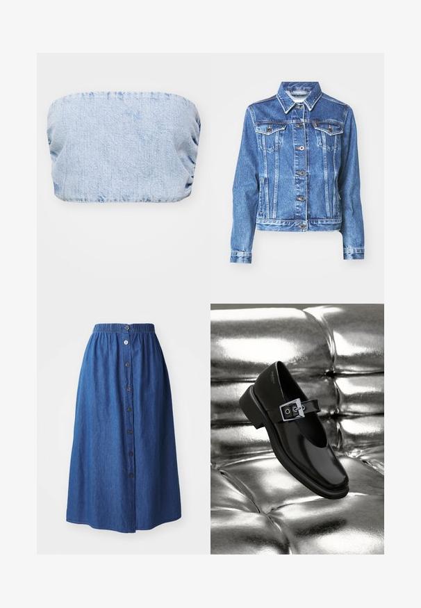 Keskmise sinise värvusega denimjakker, pikad varrukad, kaks rinnataskut, nööpidega kinnitamine ja õrnalt tuhm tekstuur. Traditsioonilise krae disain.; Hele sinine denim ilma randmeteta topp, millel on kogutud tekstuur ja siledad pinnad, sobib igapäevaseks kandmiseks.; Denim seelik elastse vöökoha, sinise kangaga, täispikk, ees nuppe sulgemisega ja peene tekstuuriga. Ei ole nähtavaid mustreid ega aktsente.; Must musta Mary Jane kingad, musta nahast, ruuduotsaga, hõbeda pandlaga ja paksu madala kontsaga, õlaliselt läikiva hõbedase tausta ees.