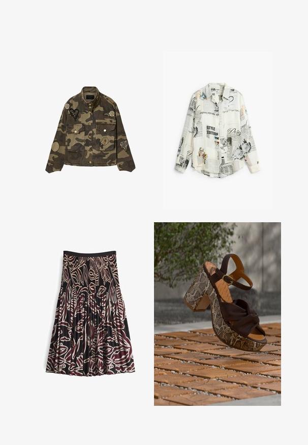 Camouflage-Jacke mit Knopfleiste vorne, zwei Brusttaschen und dekorativen Aufnähern an Ärmeln, Brust und Schultern.; Langärmliges Hemd mit Knopfleiste, Zeitungsdruck und verstreuten Farbakzenten auf weißem Stoff, mit Kragen und Ärmelbündchen.; Schwarzer Rock mit einem gerafften Taillenbund, der auffällige bordeauxrote und weiße abstrakte Blattformen sowie plissiertes Material für Textur und Bewegung aufweist.; Braune Sandalen mit Absatz, die am Absatz ein strukturiertes Schlangenmuster und am oberen Teil einen verknoteten braunen Stoffbesatz sowie einen Riemen mit Schnalle für sicheren Halt aufweisen.