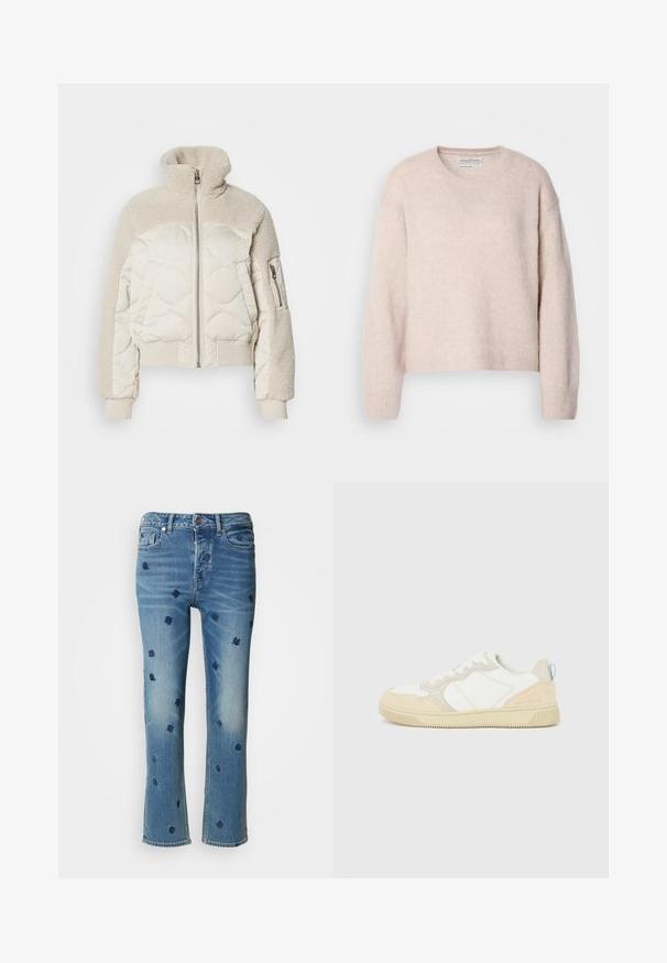 Polstermantel in Creme mit hohem Kragen, strukturierten Sherpa-Akzenten an den Schultern, gerippten Bündchen und einer seitlichen Reißverschlusstasche.; Helles rosa Sweatshirt aus weichem, strukturiertem Stoff. Hat einen runden Halsauschnitt, herunterfallende Schultern sowie gerippte Bündchen und Saum. Kürzeres Design.; Hellblaue Jeans aus Denim mit geradem Bein, verziert mit navyblauer floralem Stickerei und einem Used-Look-Effekt nahe den Taschen und dem Saum.; Weißer und beiger Sneaker mit Obermaterial aus Wildleder und Textil, kontrastierenden Nähten, einer Gummisohle und einem hellblauen Akzent an der Ferse.