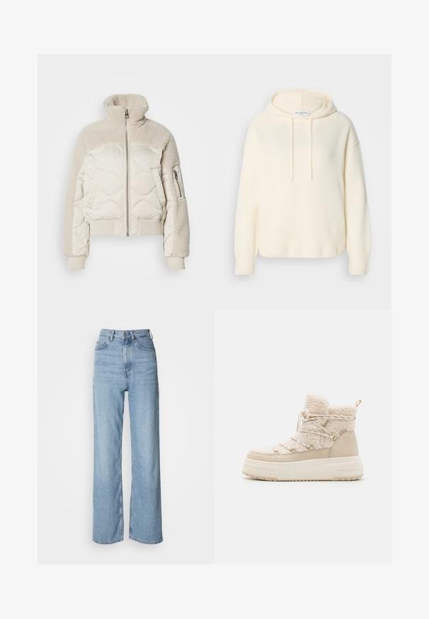 Gewatteerde crèmekleurige jas met een hoge kraag, textuur van sherpa-accenten op de schouders, geribbelde manchetten en een zijzak met rits.; Crème, cropped hoodie van textuurstof. Heeft trekkoorden en ribgebreide manchetten, met een relaxte pasvorm en subtiele branding.; Lichtblauwe high-waisted jeans met een rechte pijp, gemaakt van denim, met een sluiting aan de voorkant met knopen en subtiele vervagingdetails.; Beige winterlaarzen met een luxe textuur, vetersluiting, gouden accenten en een dikke zool voor extra hoogte en isolatie.