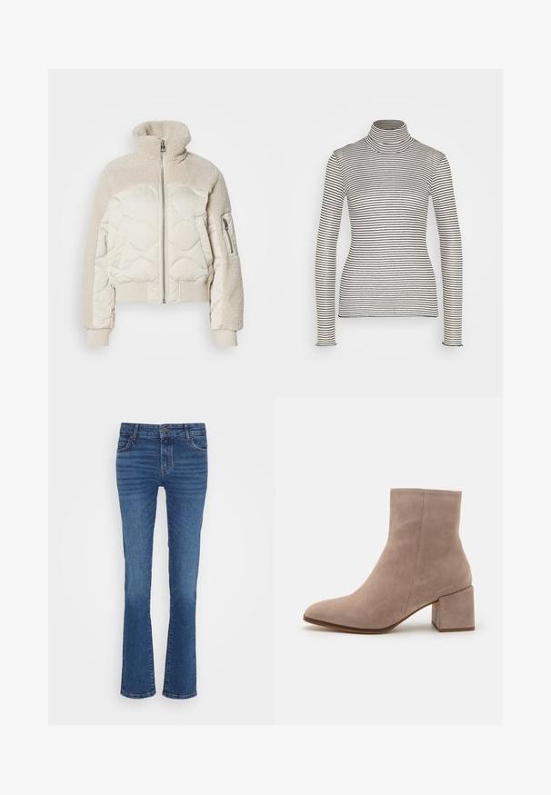 Gewatteerde crèmekleurige jas met een hoge kraag, textuur van sherpa-accenten op de schouders, geribbelde manchetten en een zijzak met rits.; Anna Field by Zalando Longsleeve - beige/black; Blauwe denim jeans met een rechte pijp, voorzien van lichte vervaging, vijf-pocketindeling en een metalen knoopsluiting bij de tailleband.; Beige suede enkelboot met een spitse neus en een chunky vierkante hak. Het oppervlak is glad met een zachte textuur en minimale details.